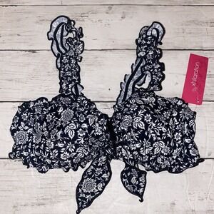 Xhilaration Bikini Top Womens Small Black White Floral Swim Lettuce Tie Front S